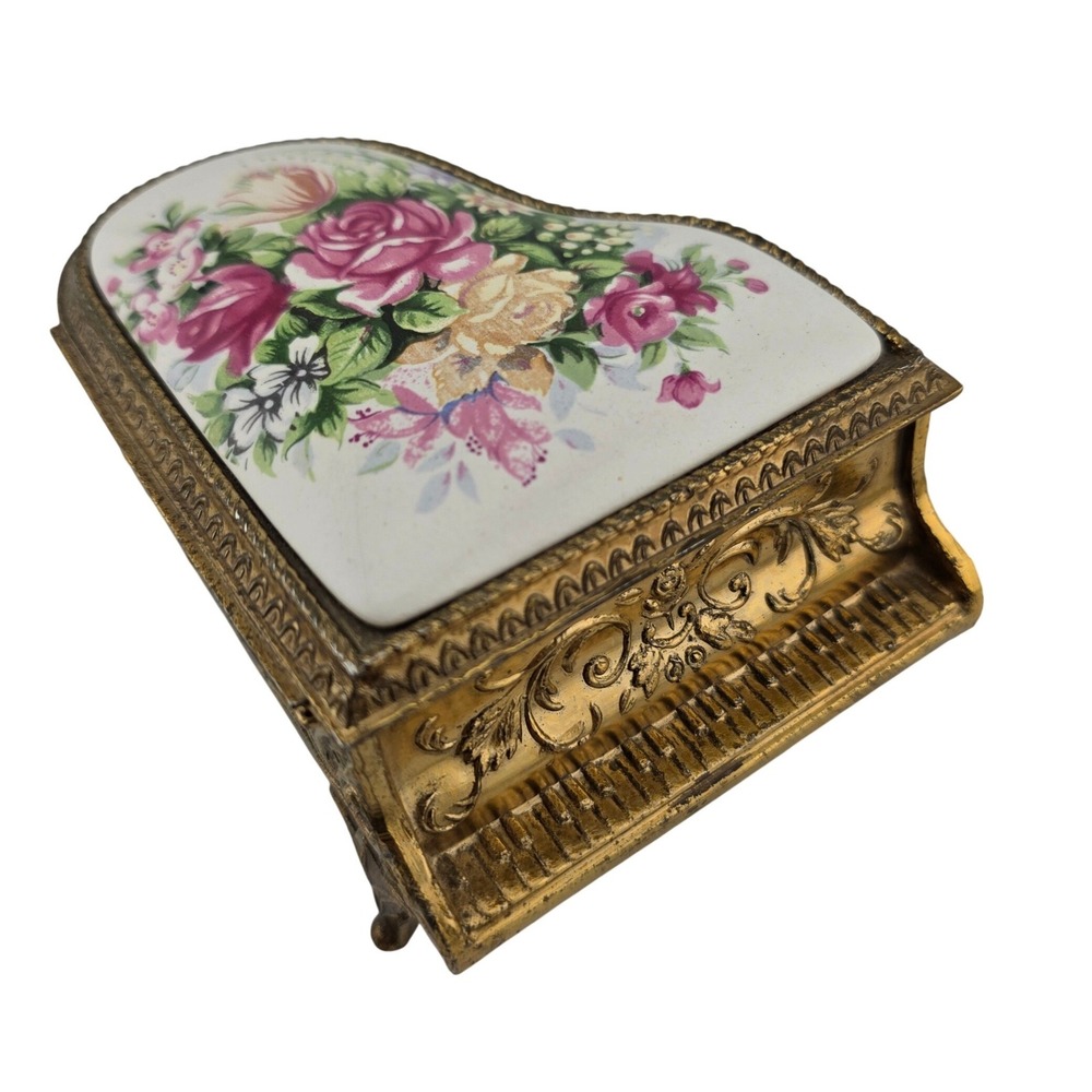 Vintage Grand Piano Jewelry Trinket Box Floral Porcelain Japan